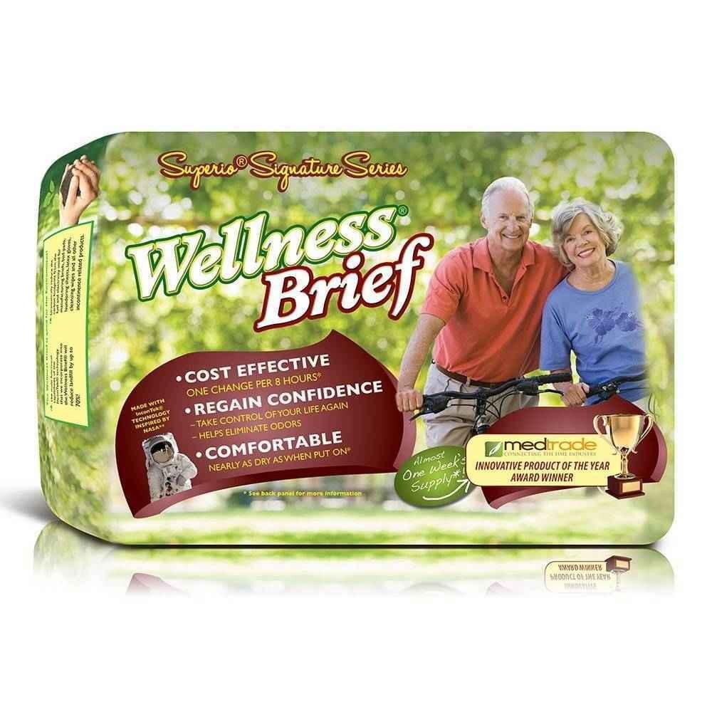 Wellness Superio adult briefs package with product branding and graphics