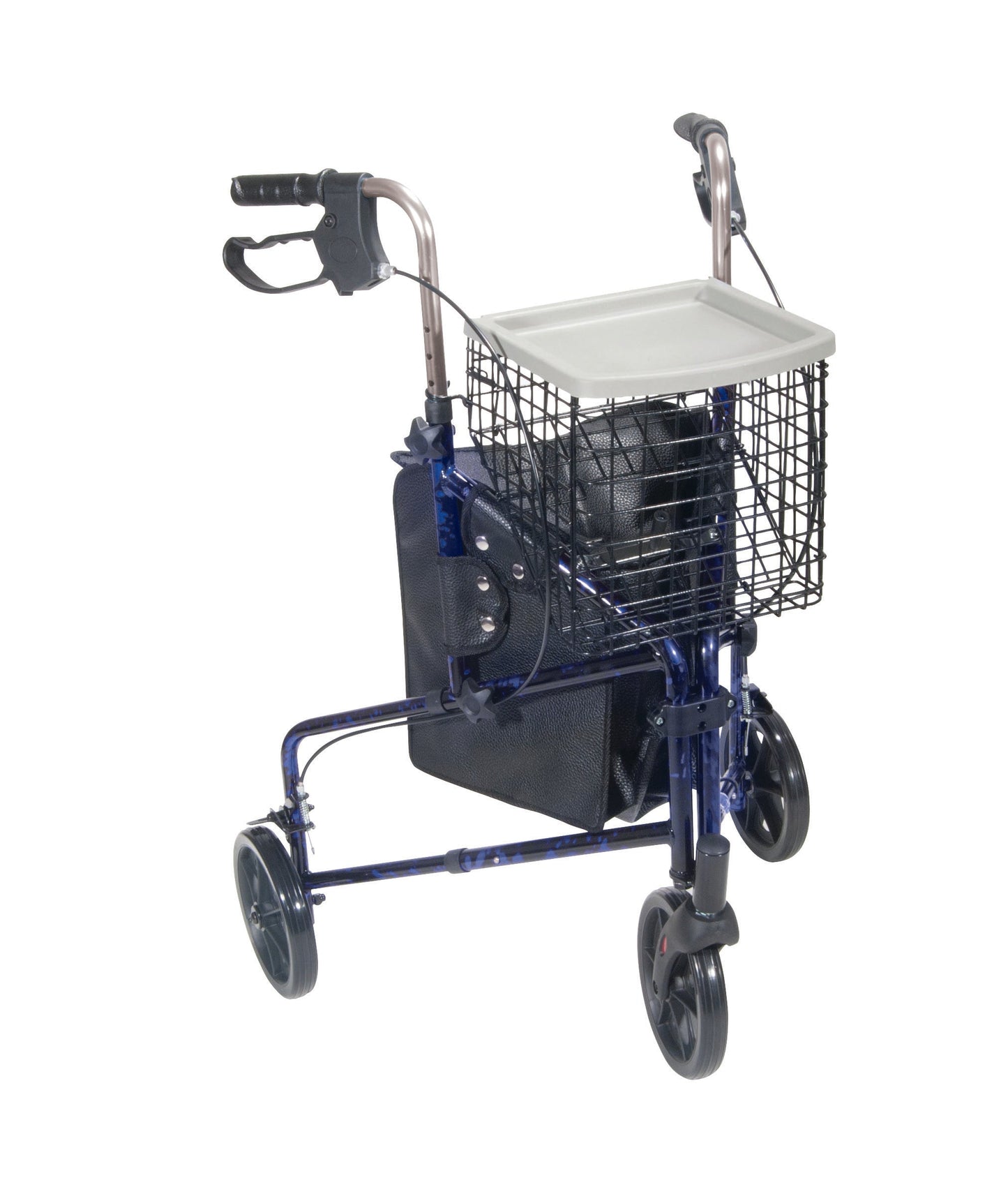 Flame blue 3-wheel rollator with wire basket, tray, and side pouch