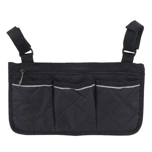 Wheelchair armrest organizer bag in black with three front pocket sections and top zipper