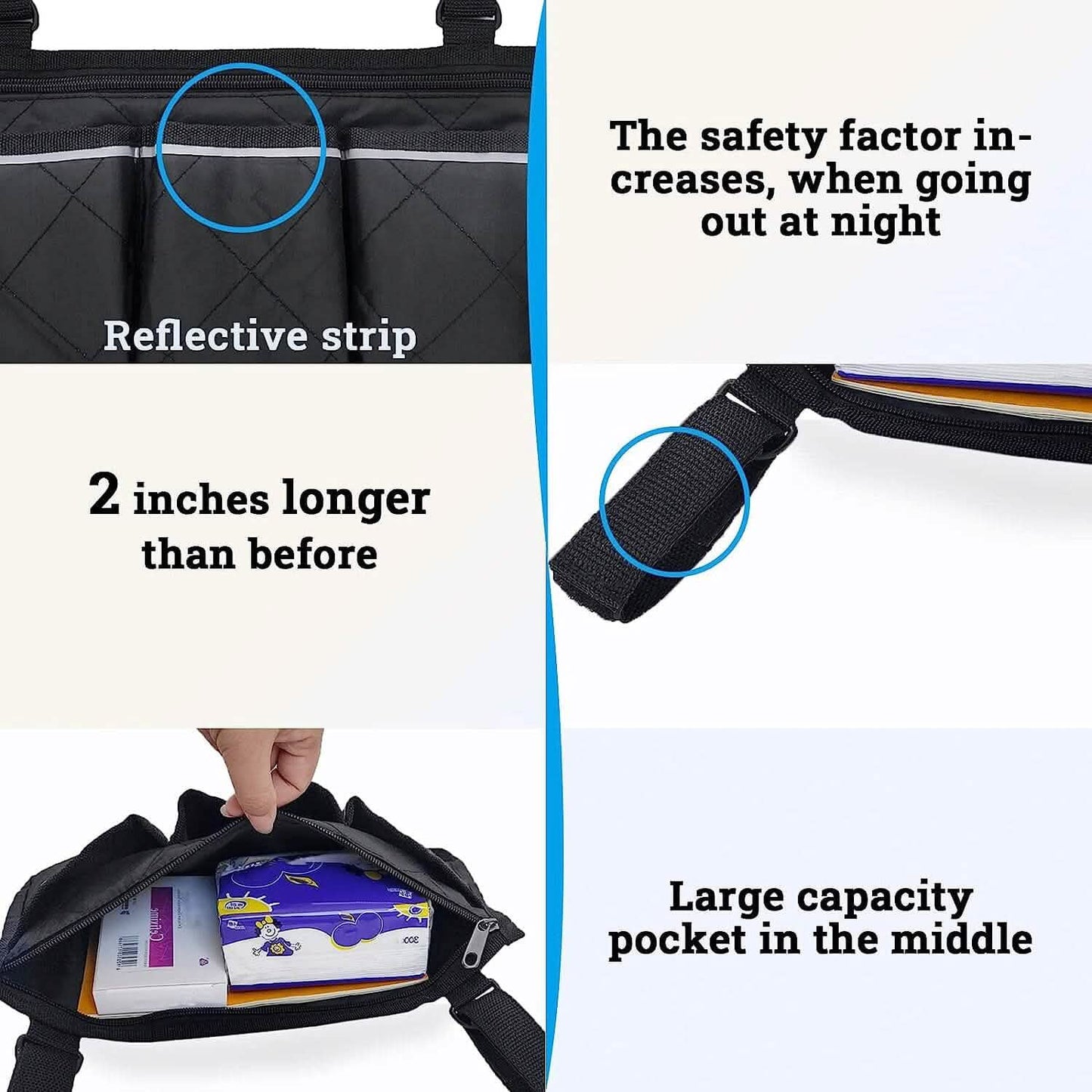 Wheelchair armrest organizer bag in black with reflective strip and stitched pocket panels