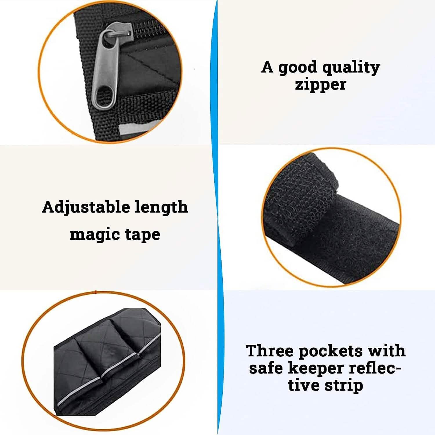 Wheelchair armrest organizer bag in black with adjustable strap and zip opening