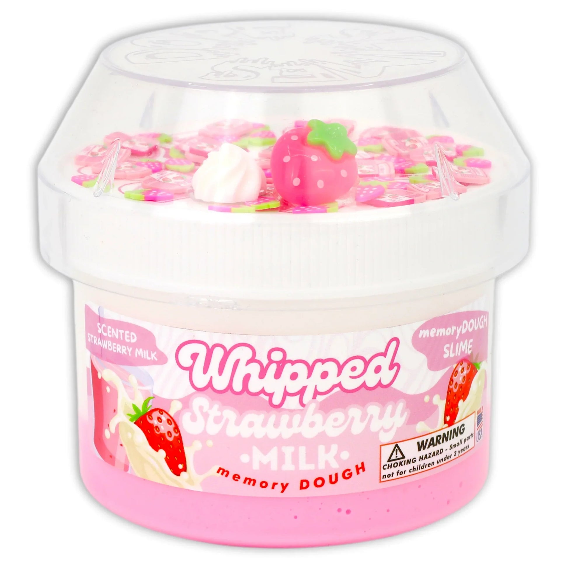 Whipped strawberry milk memory dough slime tub, pink base with clear lid and label