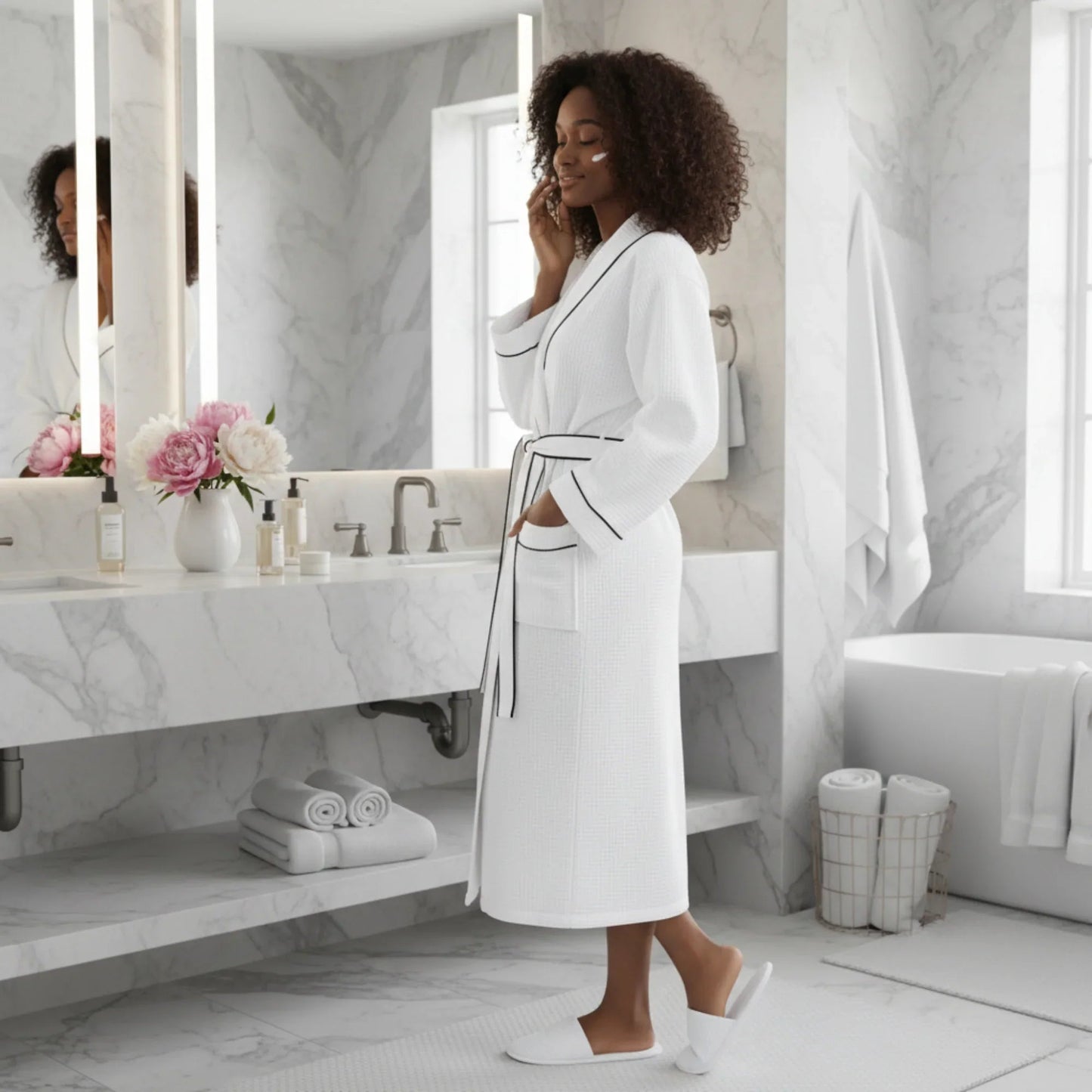 White waffle bathrobe with tie belt and hooded collar on a standing model