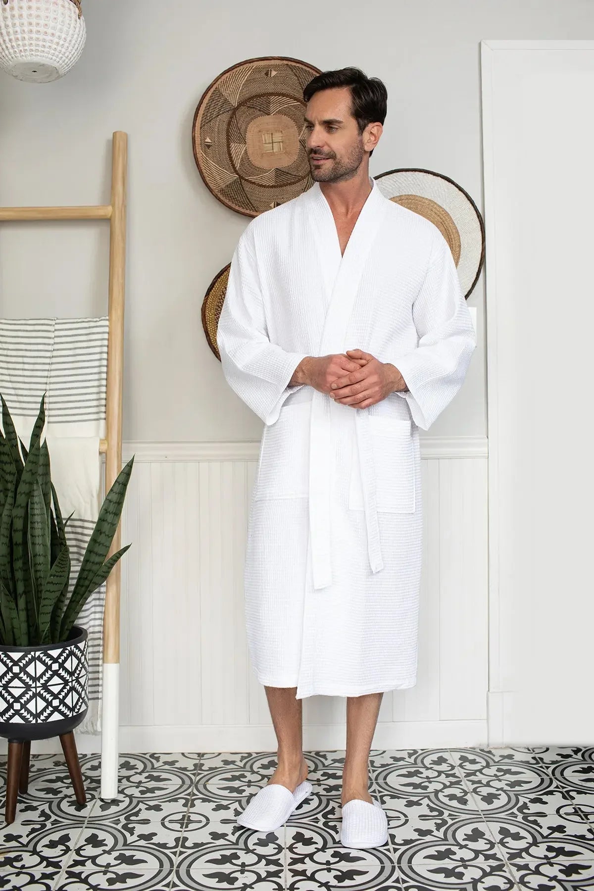 Men's waffle spa bathrobe in white, belted waffle-knit V-neck robe with front pocket.