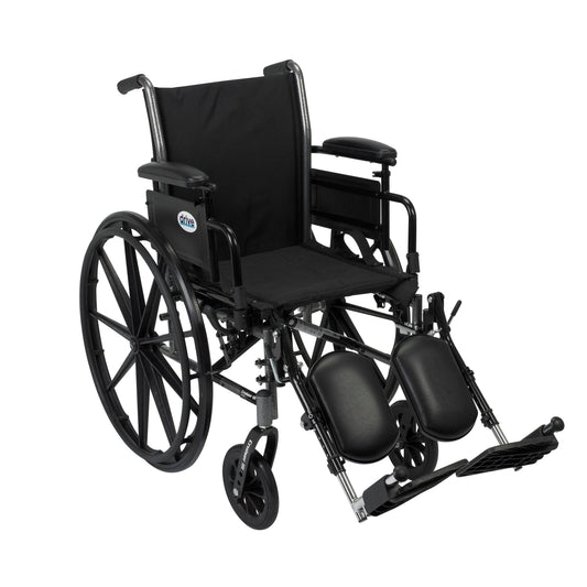 Black lightweight wheelchair with elevating leg rests and flip-back removable armrests