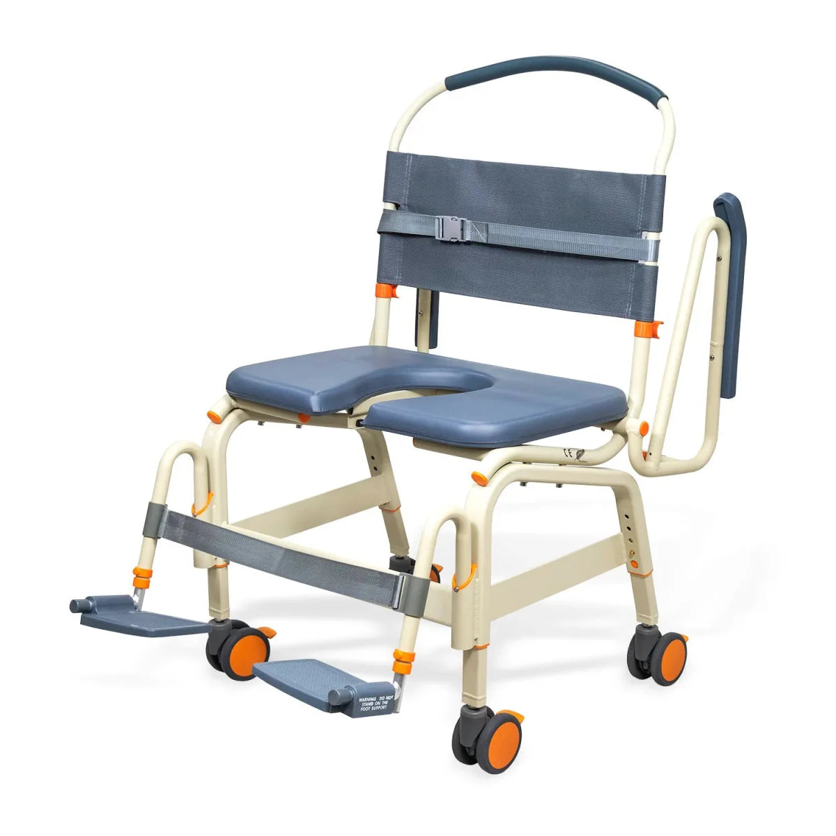Wide roll-in shower chair 3/4 view, dark blue seat and back pad, armrests, foot platforms, wheels