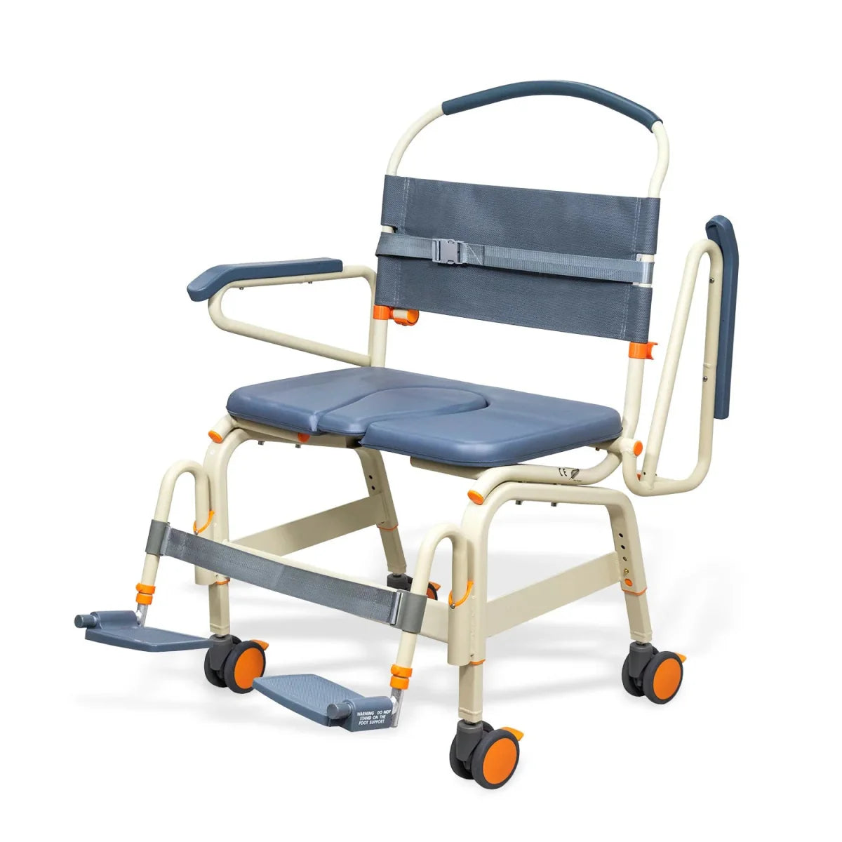 Wide roll-in shower chair close side view, dark blue padded seat, armrests, back strap, wheels