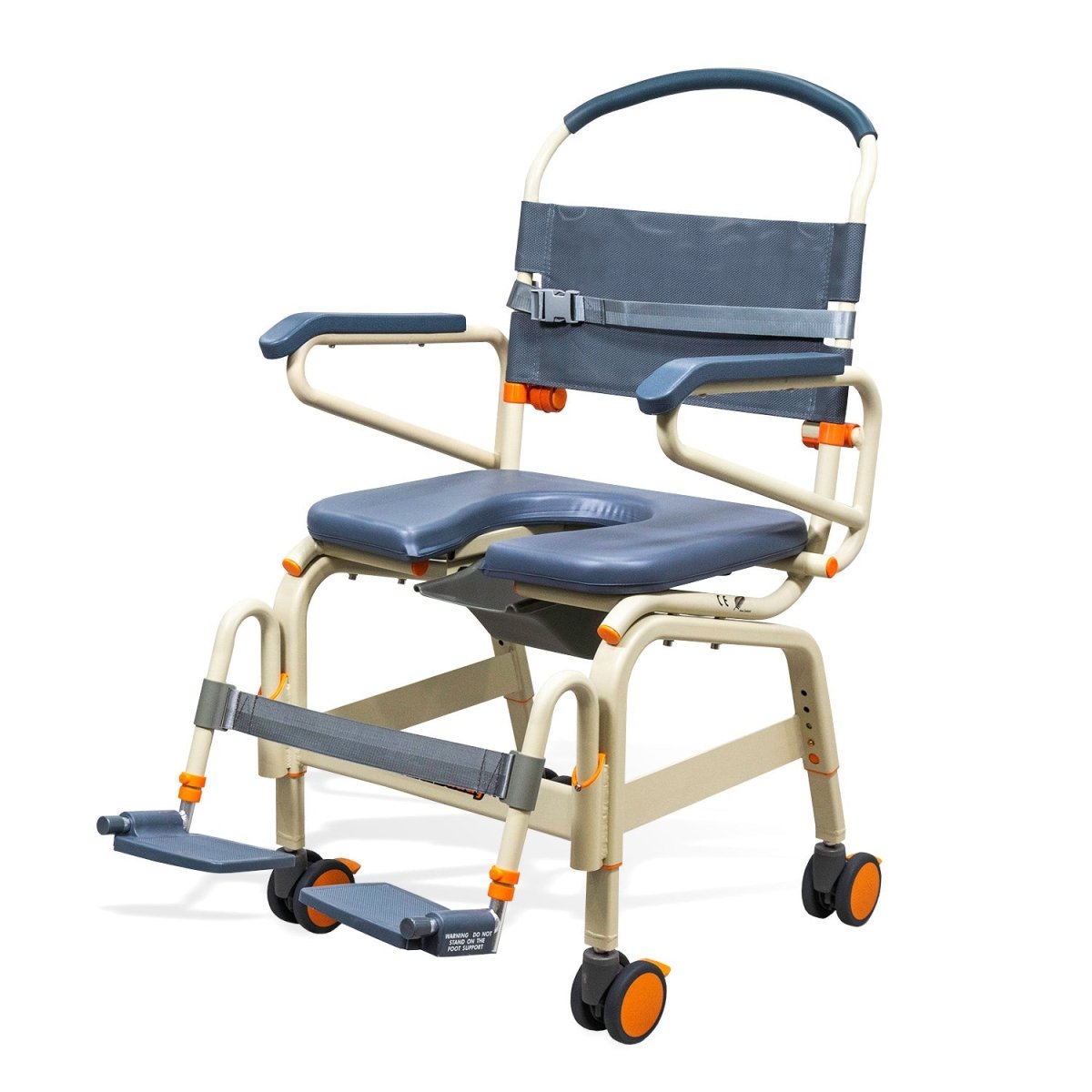 Wide roll-in shower chair front view, dark blue seat and back pad, armrests, caster wheels