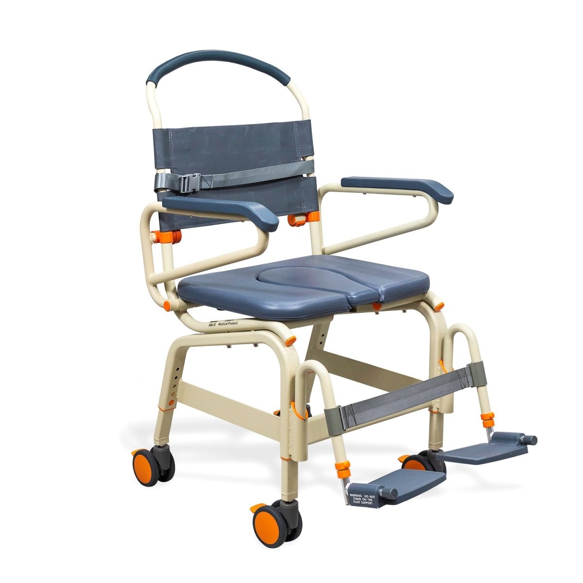 Wide roll-in shower chair with dark blue padded seat, backrest, armrests, and four wheels