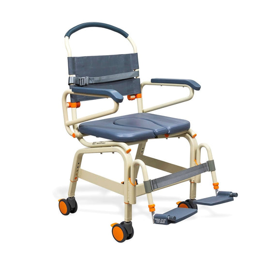 Wide roll-in shower chair with dark blue padded seat, backrest, armrests, and four wheels
