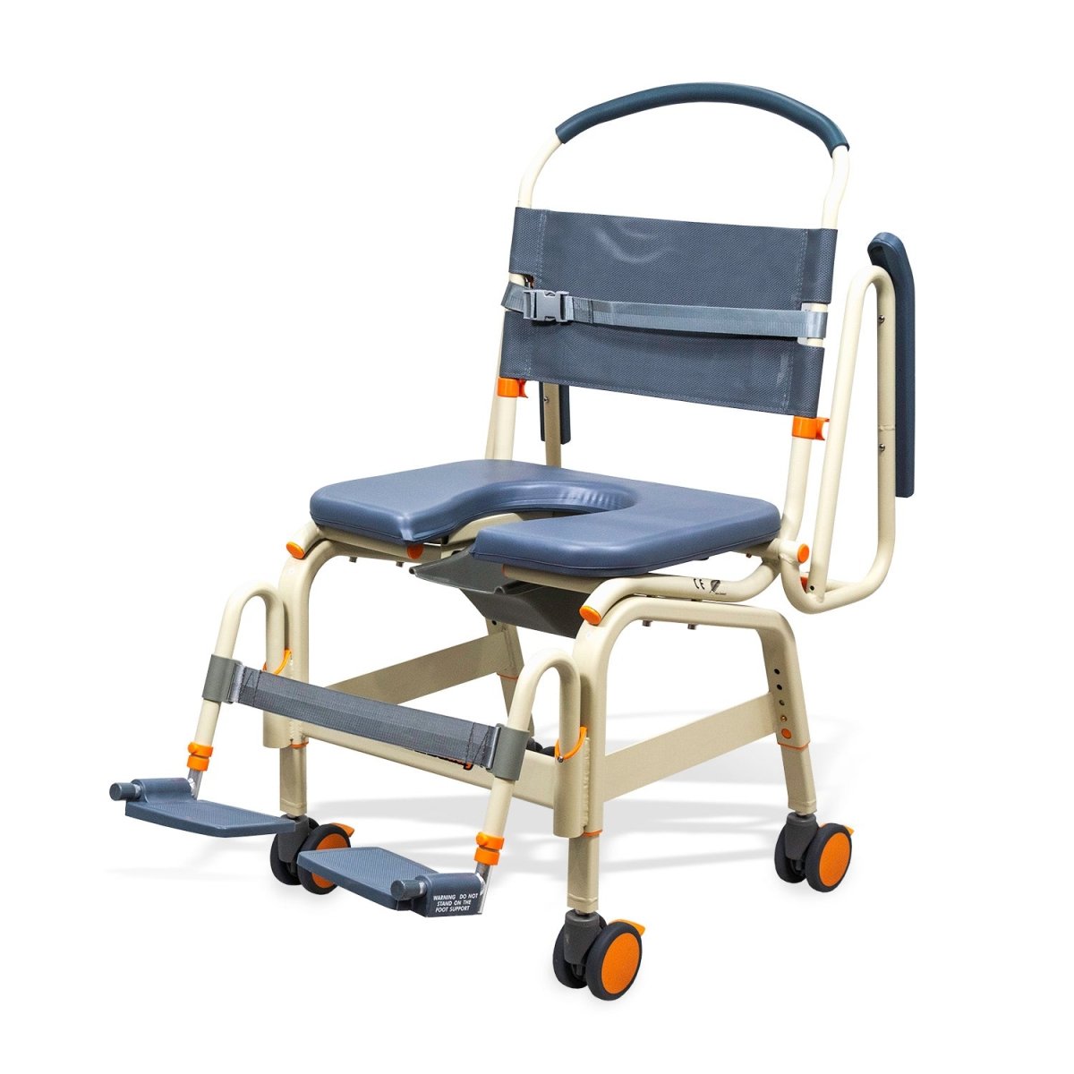 Wide roll-in shower chair 3/4 view, dark blue seat and back strap, removable footrests, wheels