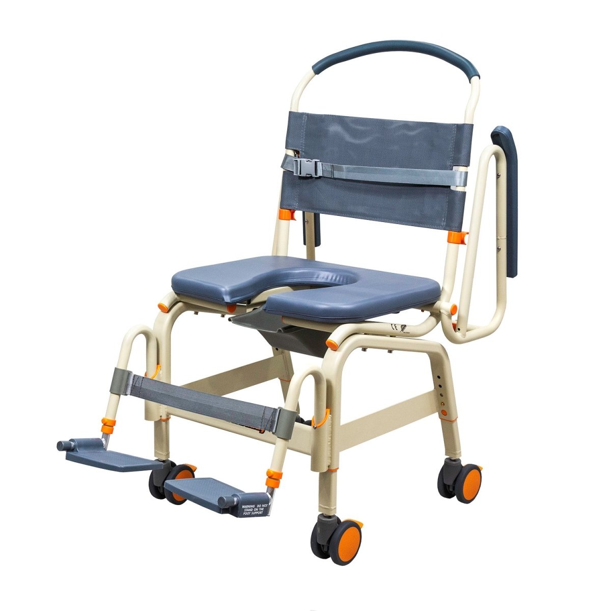 Wide roll-in shower chair angled view, dark blue seat, back strap, and fold-up foot platform