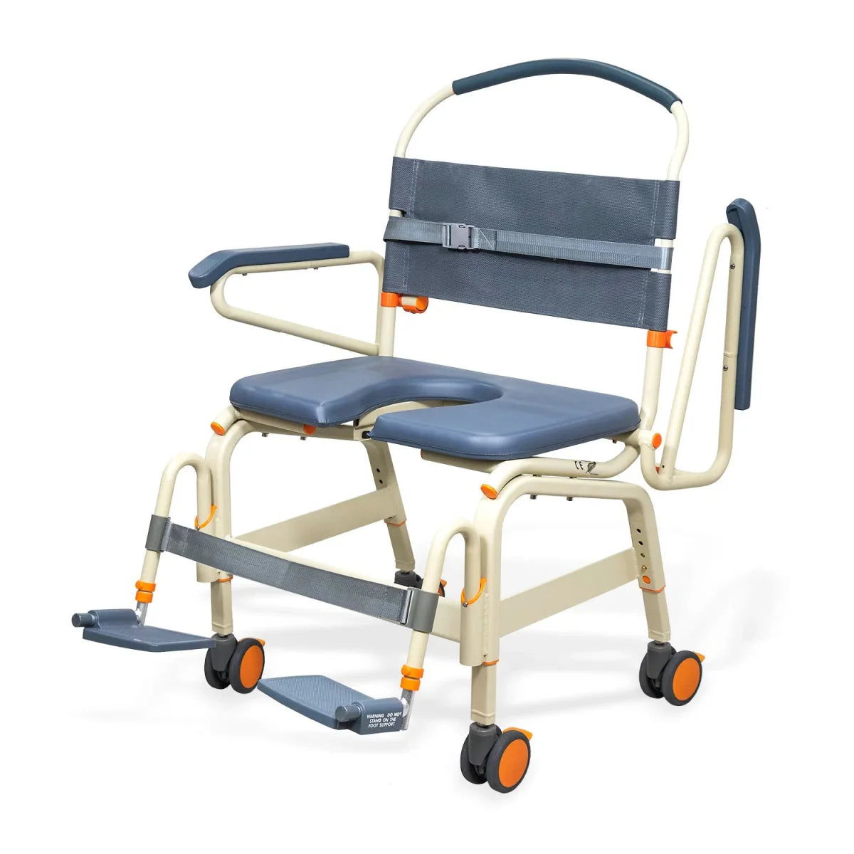 Wide roll-in shower chair with foot platforms extended, dark blue seat, back strap, caster wheels