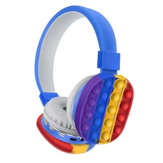 Blue on-ear fidget bubble pop headphones with rainbow silicone panel and padded headband