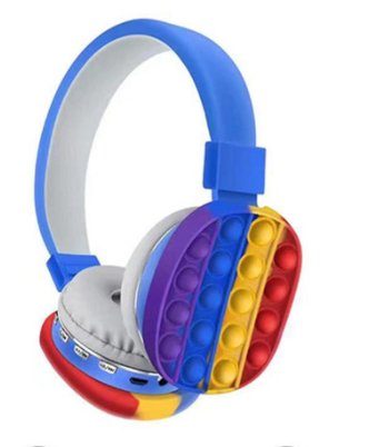 Blue on-ear fidget headphones with rainbow silicone bubble earcups and padded headband