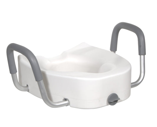 Elongated raised toilet seat in white plastic with padded grey armrests and locking mechanism