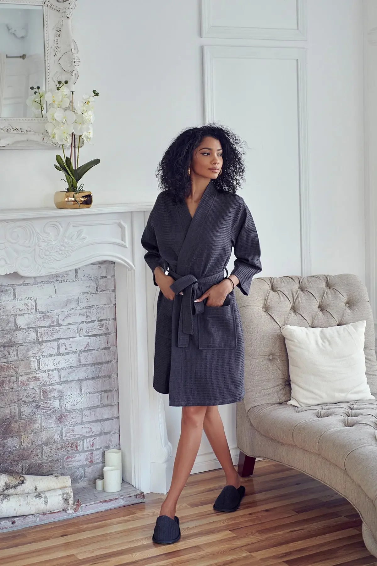 Women’s dark charcoal knee-length waffle robe with belted waist and V-neck opening