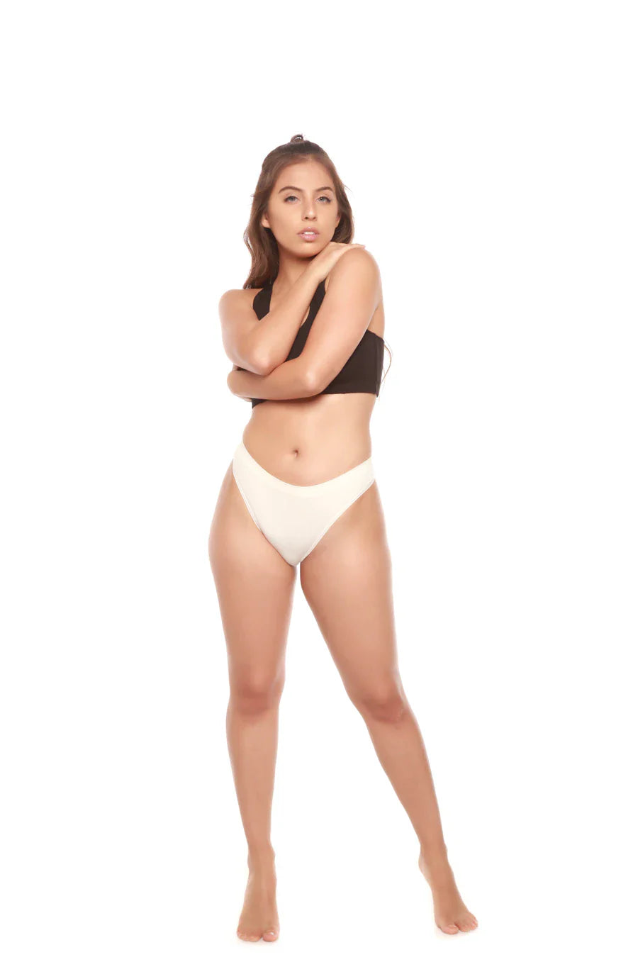 Women's thong underwear in natural off-white bamboo-cotton, low-rise