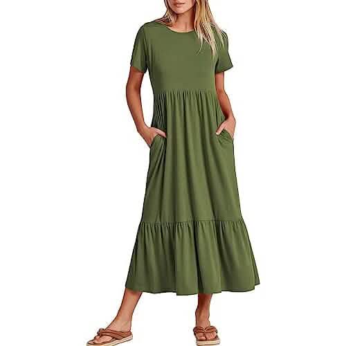 Army green crewneck short-sleeve swing dress with tiered skirt and side pockets