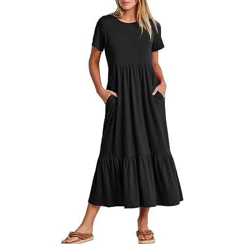 Black crewneck short-sleeve swing dress with tiered skirt and side pockets