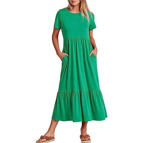 Light green crewneck short-sleeve swing dress with tiered skirt and side pockets