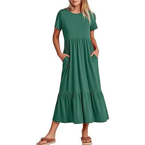 Green crewneck short-sleeve swing dress with tiered skirt and side pockets