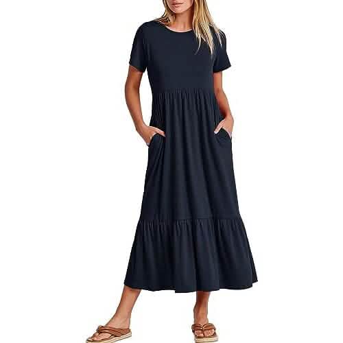 Navy crewneck short-sleeve swing dress with tiered skirt and side pockets