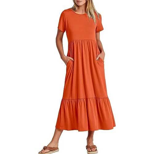 Orange crewneck short-sleeve swing dress with tiered skirt and side pockets