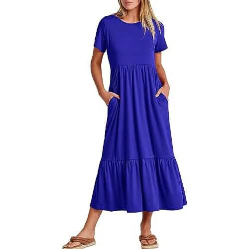 Royal blue crewneck short-sleeve swing dress with tiered skirt and side pockets