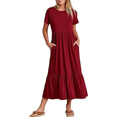 Wine red crewneck short-sleeve swing dress with tiered skirt and side pockets