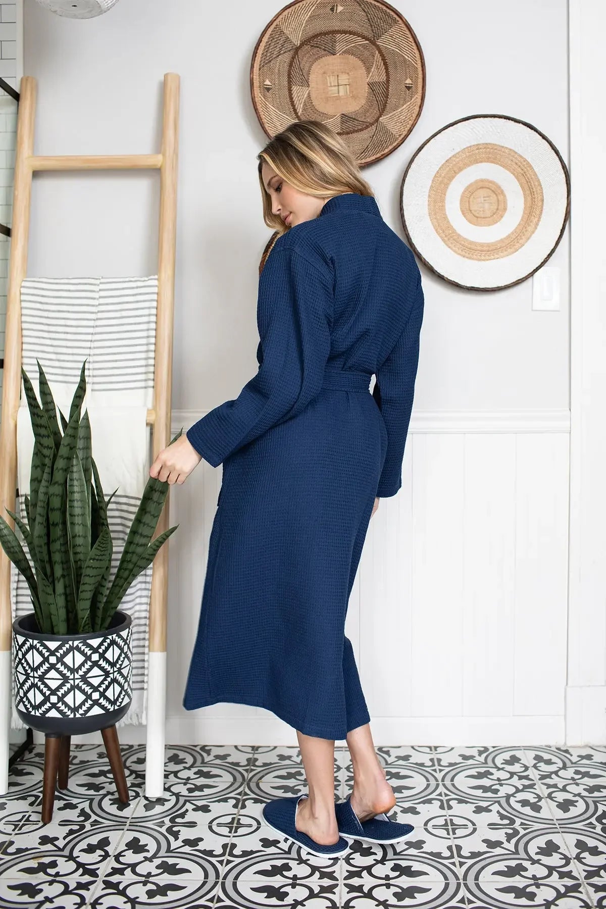 Navy waffle robe with V-neck and tied waist belt, long sleeves and midi length