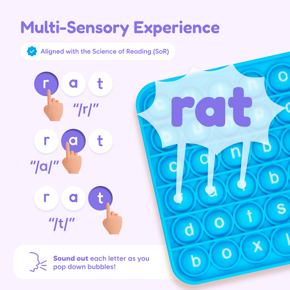 Blue pop fidget mat with letter bubbles for r, a, and t practice