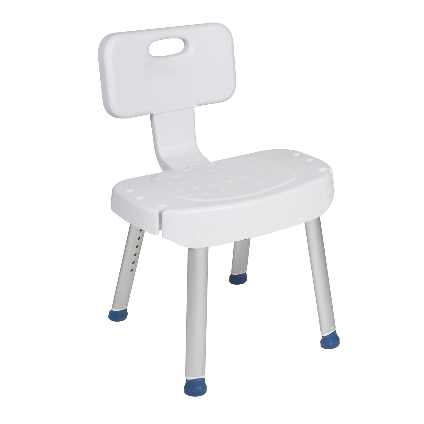 White bathroom safety shower chair with folding back; contoured seat and perforated legs.
