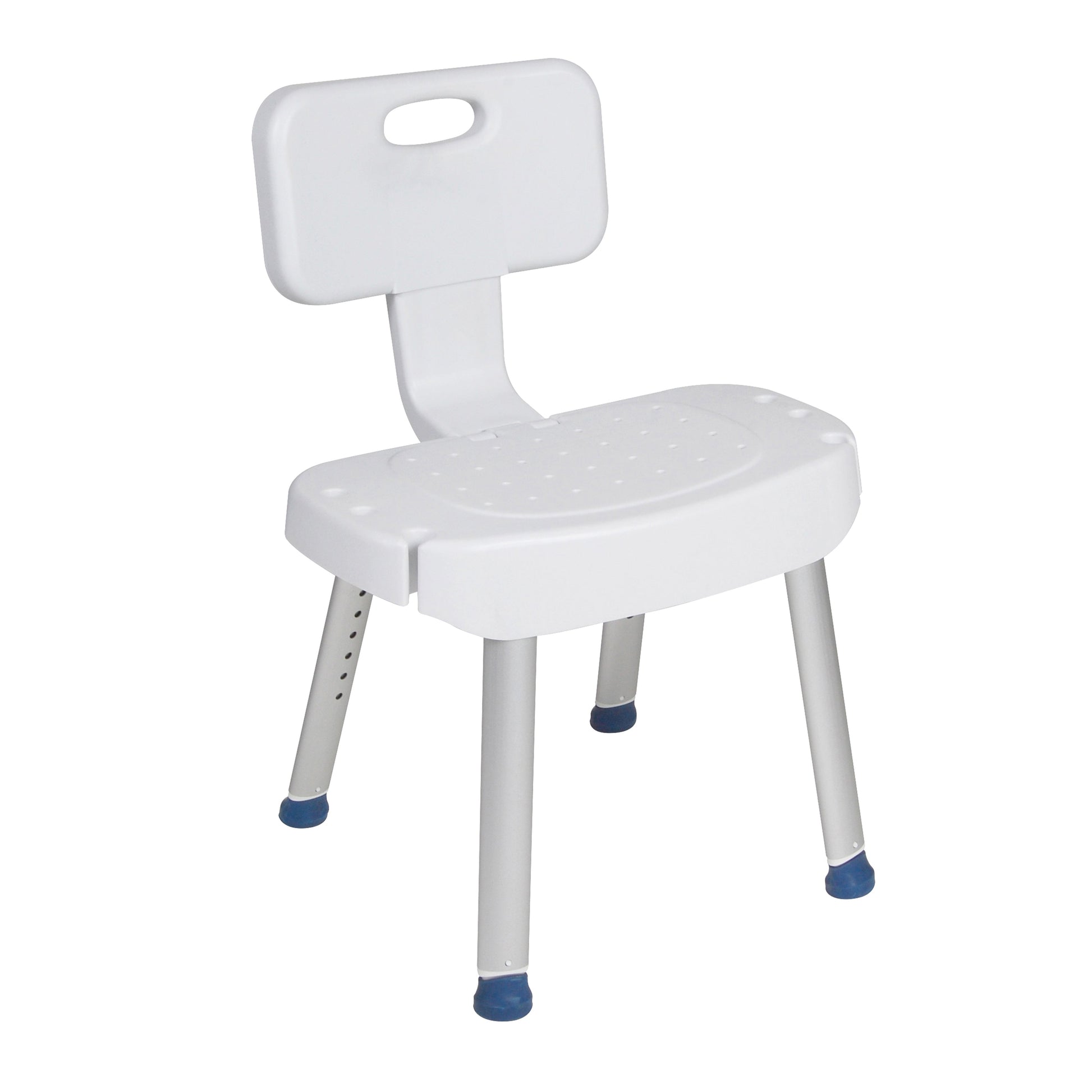 White bathroom safety shower chair with folding back; contoured seat and perforated legs.