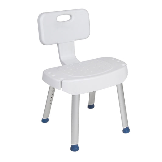 White bathroom safety shower chair with folding back; contoured seat and perforated legs.