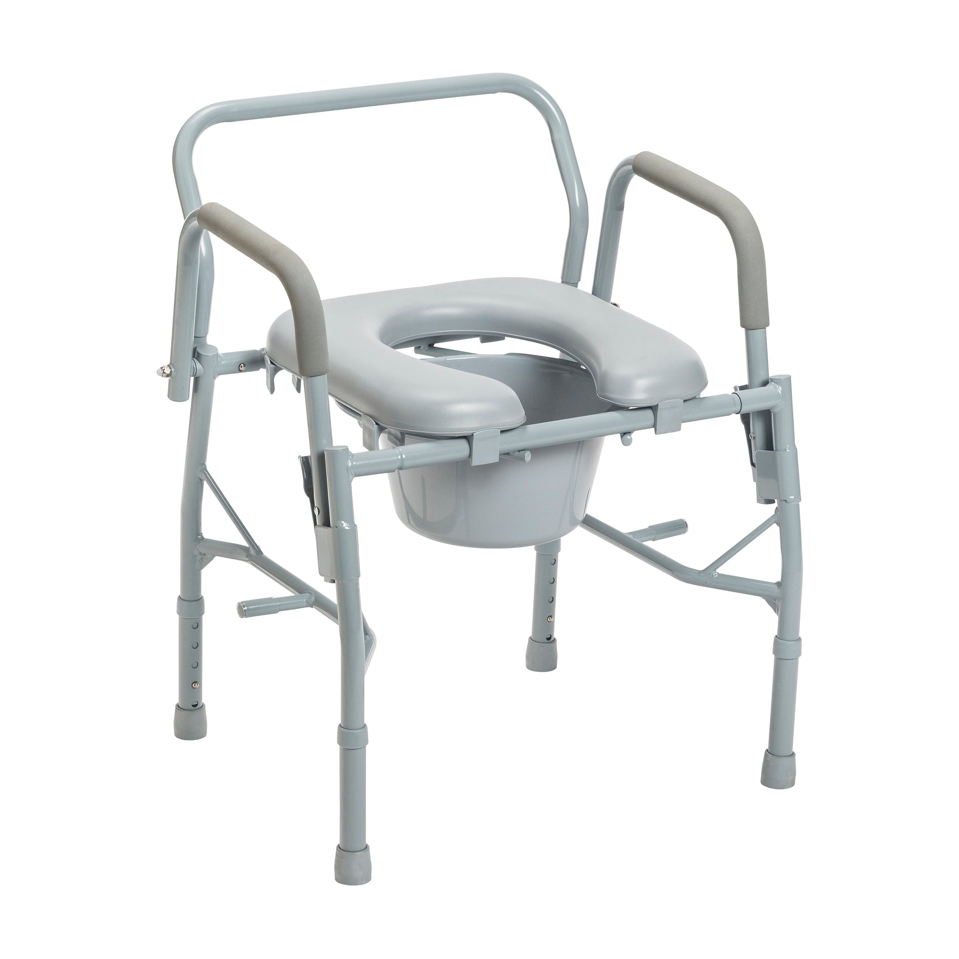 Steel bedside commode with padded seat and drop arms, light gray frame