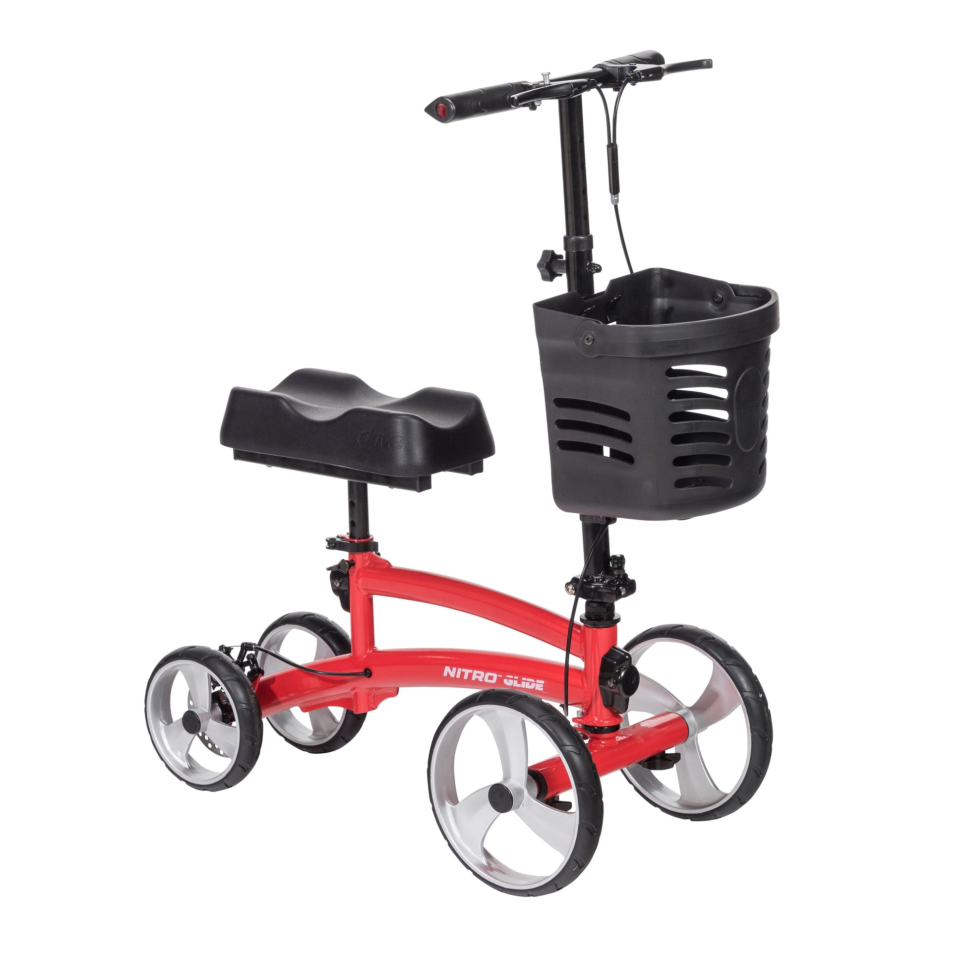 Red knee scooter with black seat pad, handlebar, and front wheels