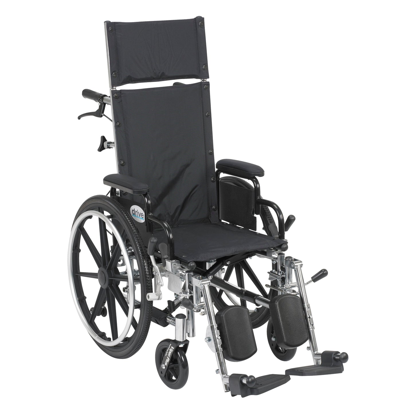 Reclining wheelchair with elevating leg rests, flip-back detachable arms, 14" seat