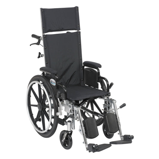 Reclining wheelchair with elevating leg rests, flip-back detachable arms, 14" seat