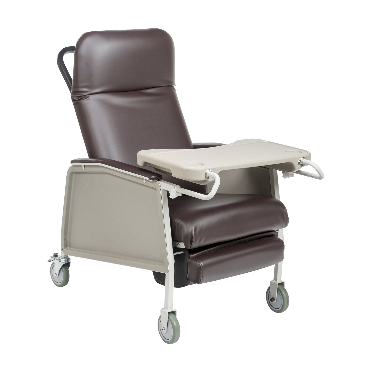 Chocolate brown bariatric recliner chair with side tray, padded armrests, and caster wheels