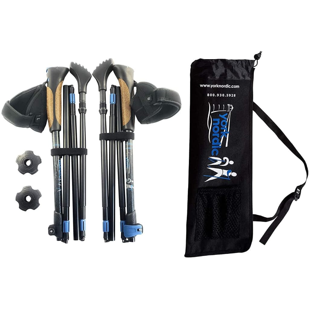 Travel Folding Walking & Hiking Poles - 13.5 in with Rubber Feet, Baskets, and Bag - Available in 3 Sizes and Choice of Grips York Nordic