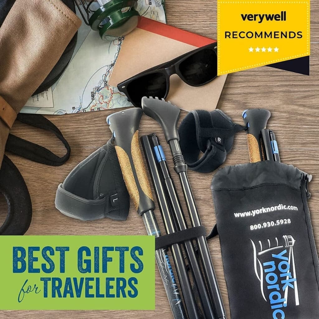 Travel Folding Walking & Hiking Poles - 13.5 in with Rubber Feet, Baskets, and Bag - Available in 3 Sizes and Choice of Grips York Nordic