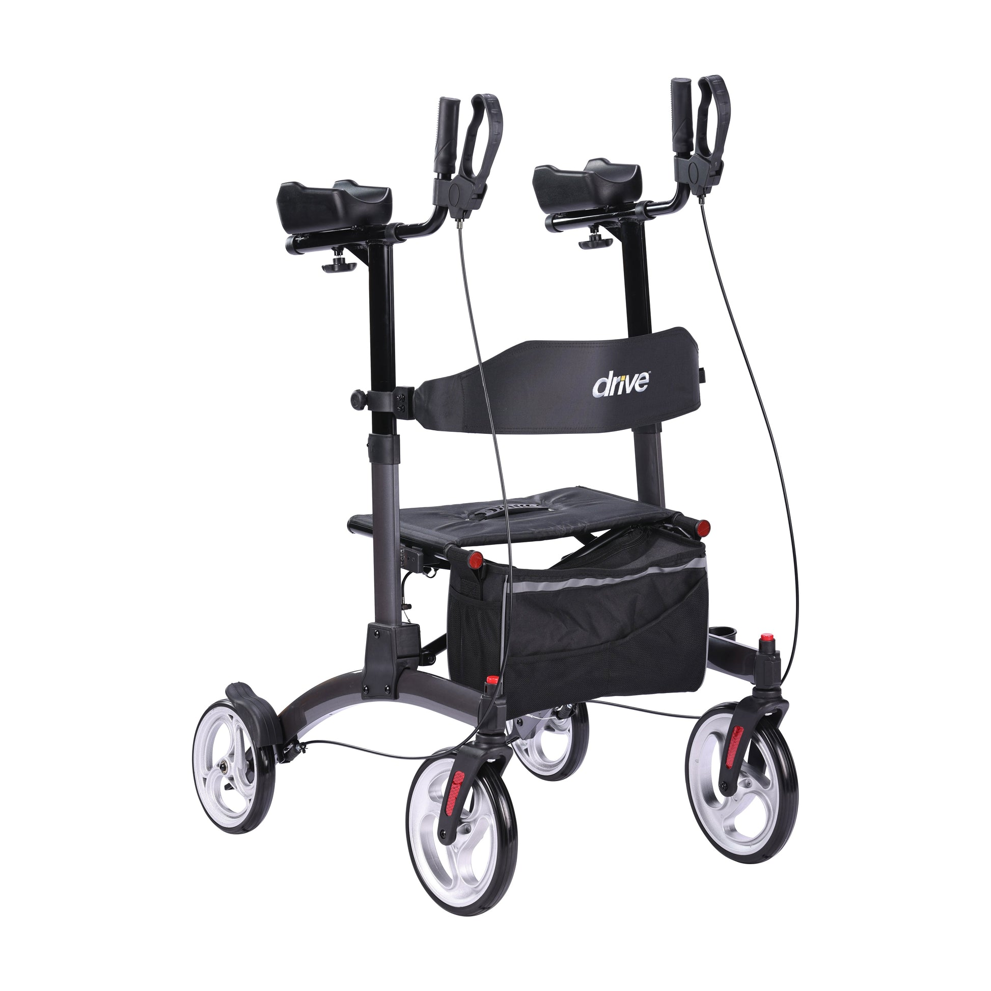 Upright rolling walker with armrests and padded seat, dark frame