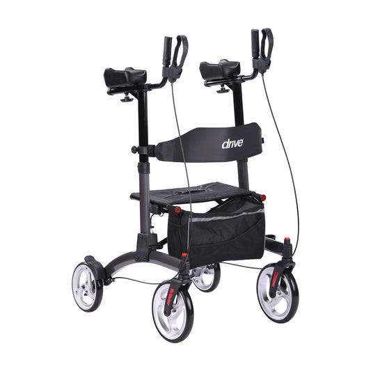 Upright rolling walker with armrests and padded seat, dark frame