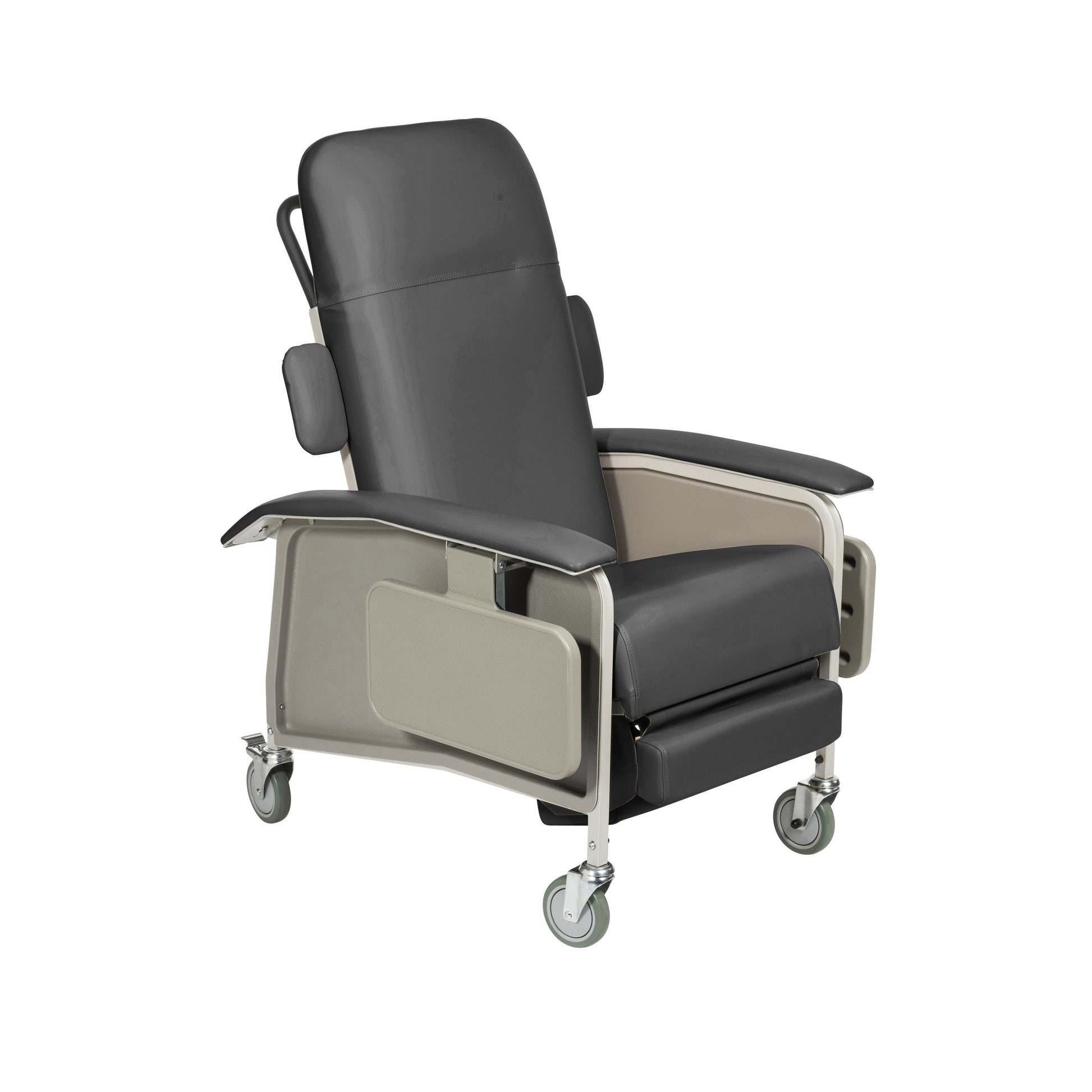 Charcoal geriatric recliner chair with padded armrests, safety handle, and caster wheels