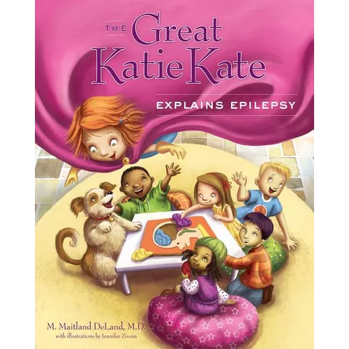 Hardcover children's book cover: cartoon kids with 'The Great Katie Kate Explains Epilepsy'