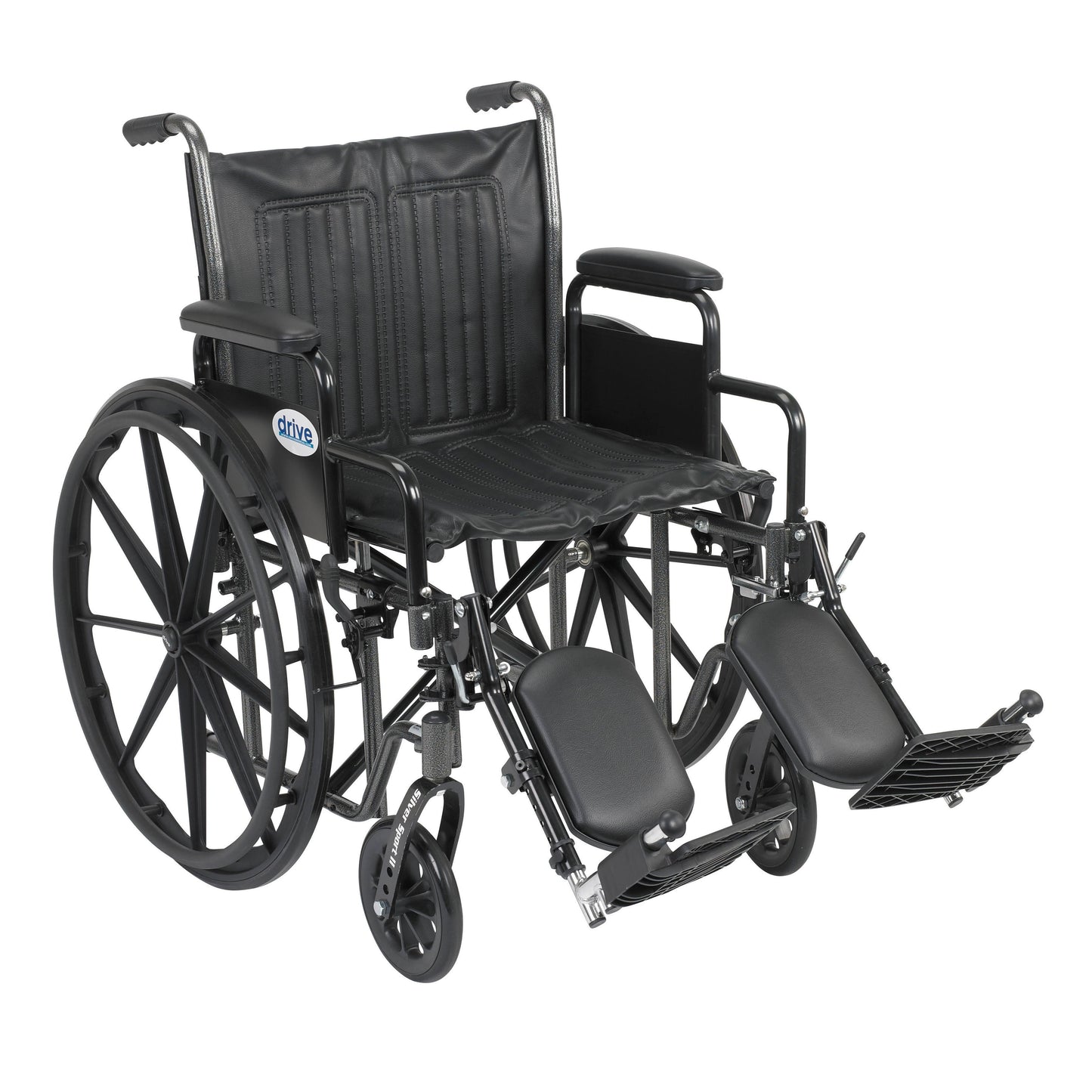Wheelchair with detachable desk arms and elevating leg rests, black seat