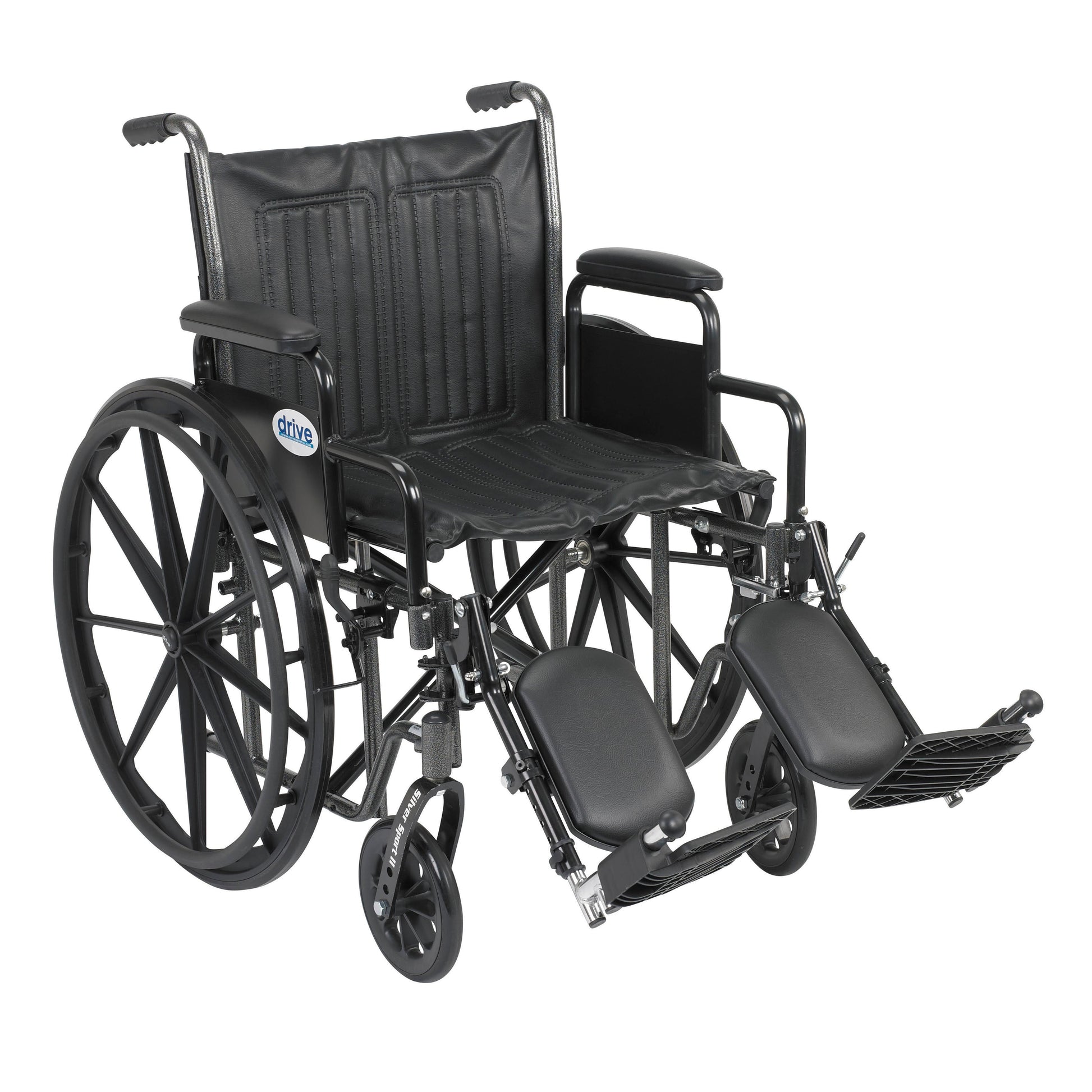Wheelchair with detachable desk arms and elevating leg rests, black seat