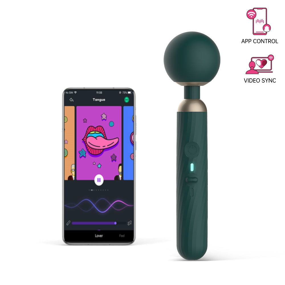 App-controlled massage wand with dark teal body and round silicone head