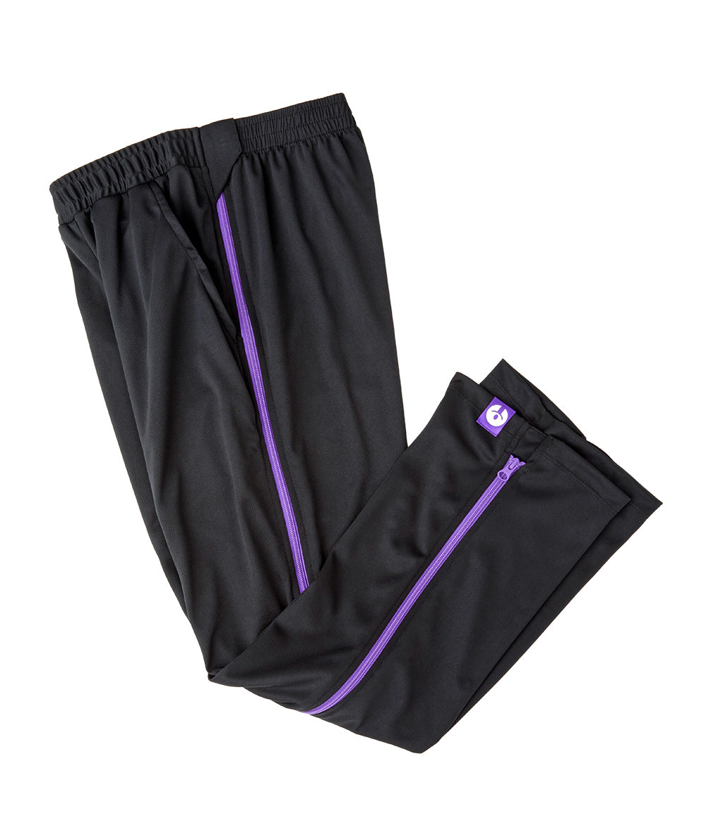 Black pants with purple accents on a white background